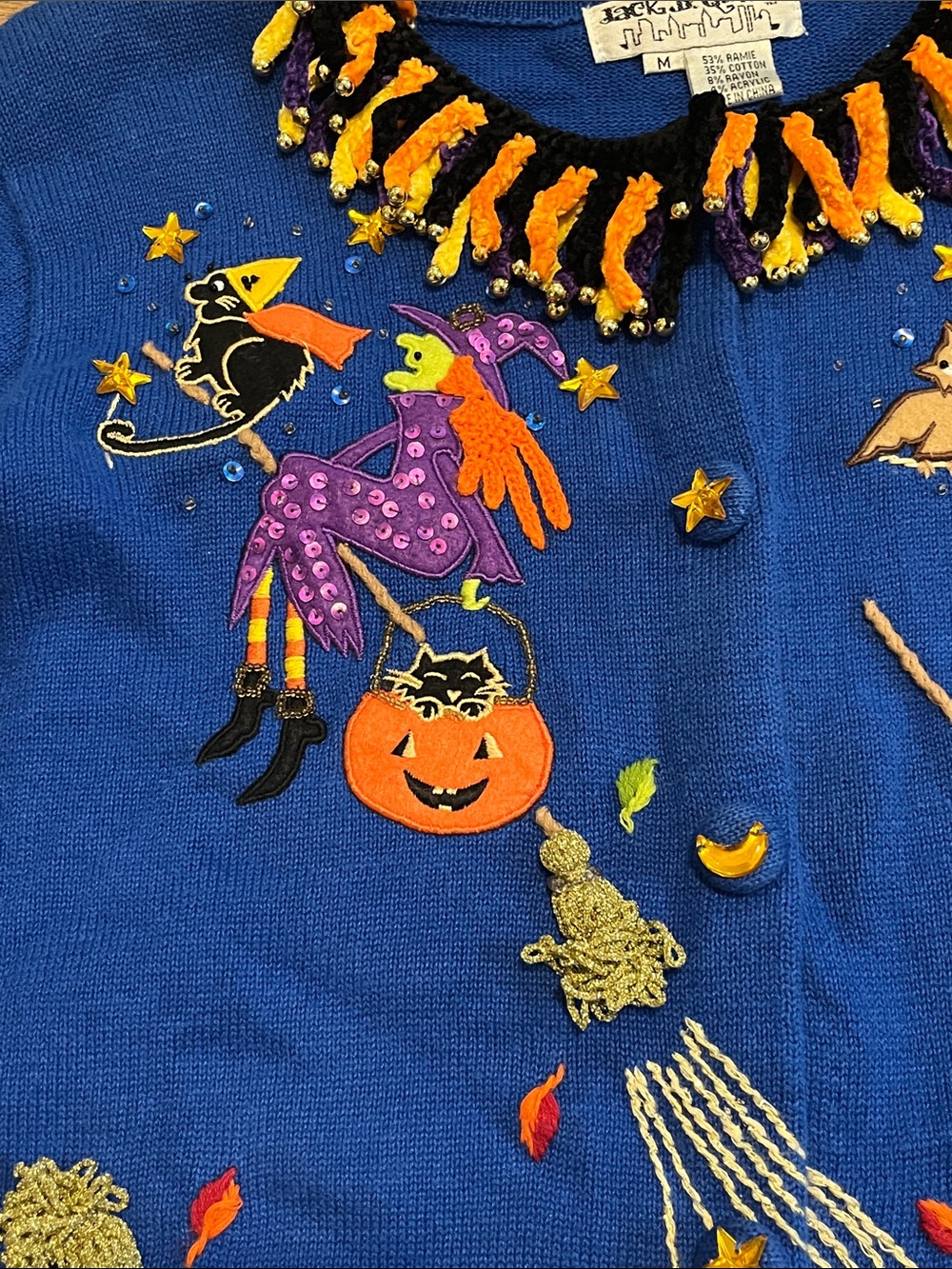 Jack B. Quick Halloween Witch Cat Pumpkin Cardigan Sweater Blue Size M Vintage - Picture 8 of 13
